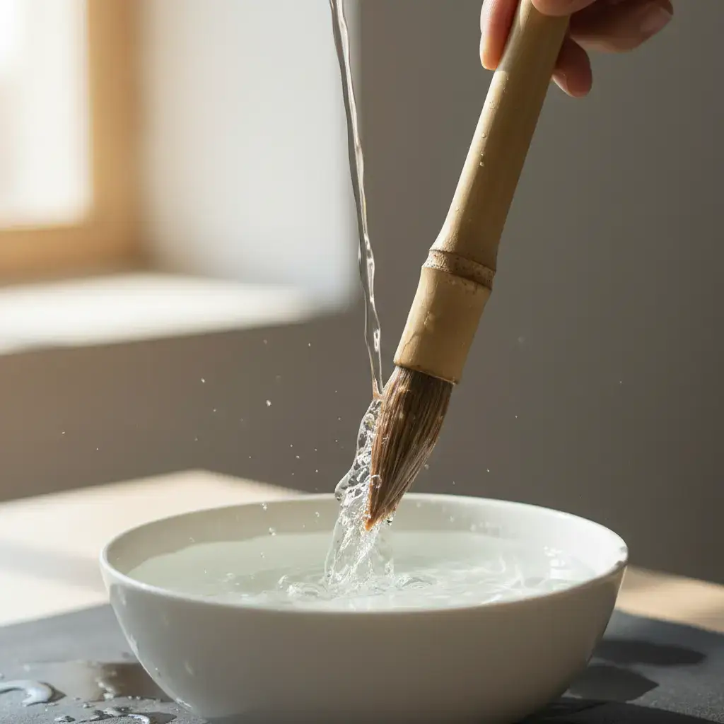 Rinsing a bamboo brush
