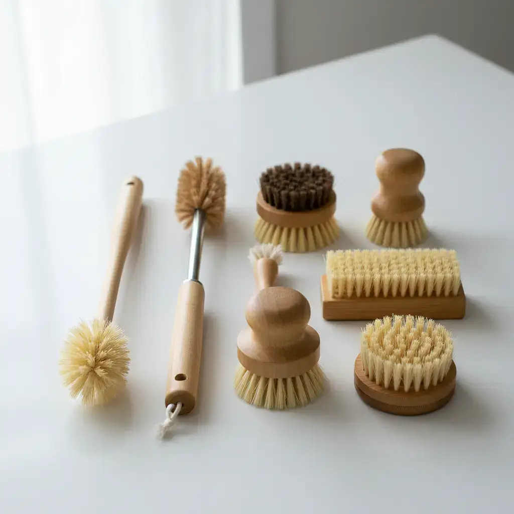 Collection of various bamboo dish brushes neatly arranged