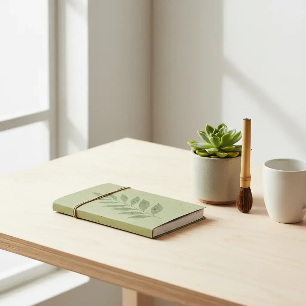 Eco friendly journal and bamboo brush on a clean desk
