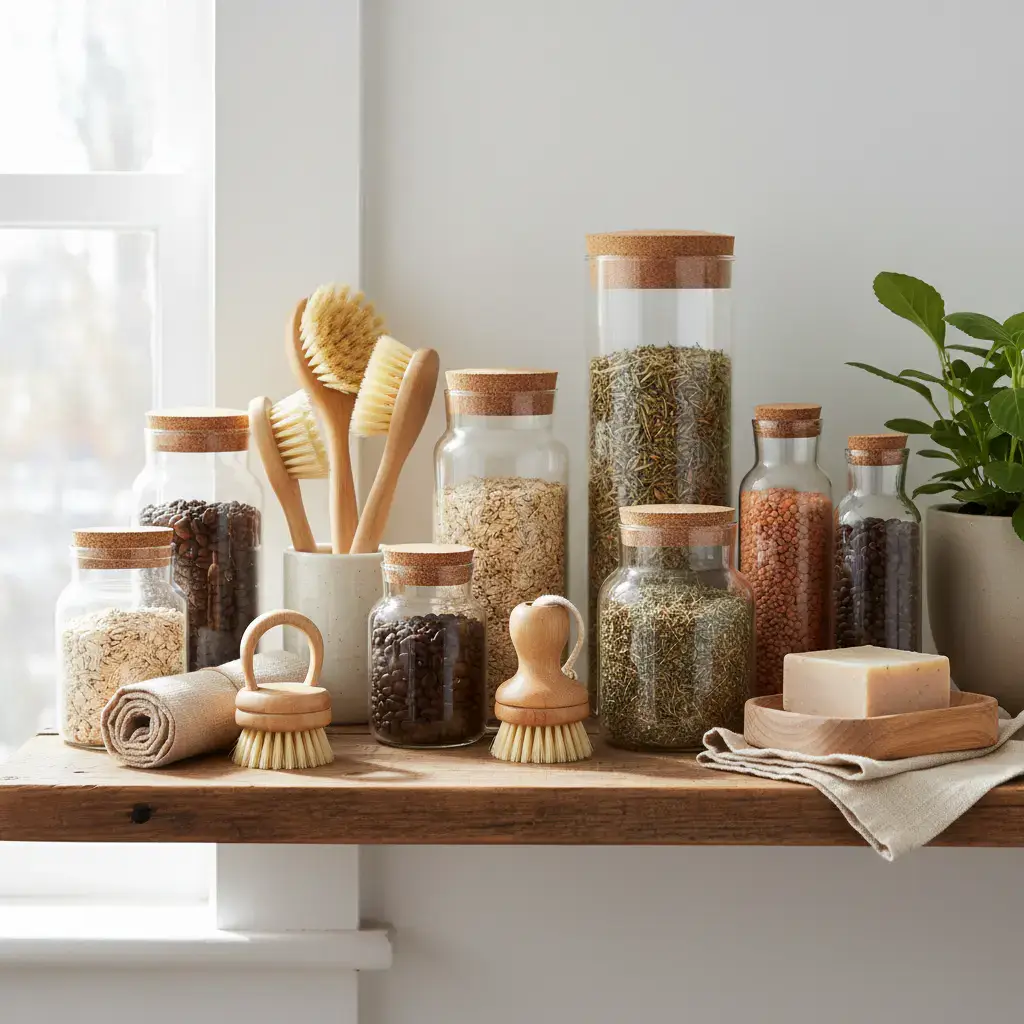 Reusable glass jars and bamboo cleaning tools arranged aesthetically