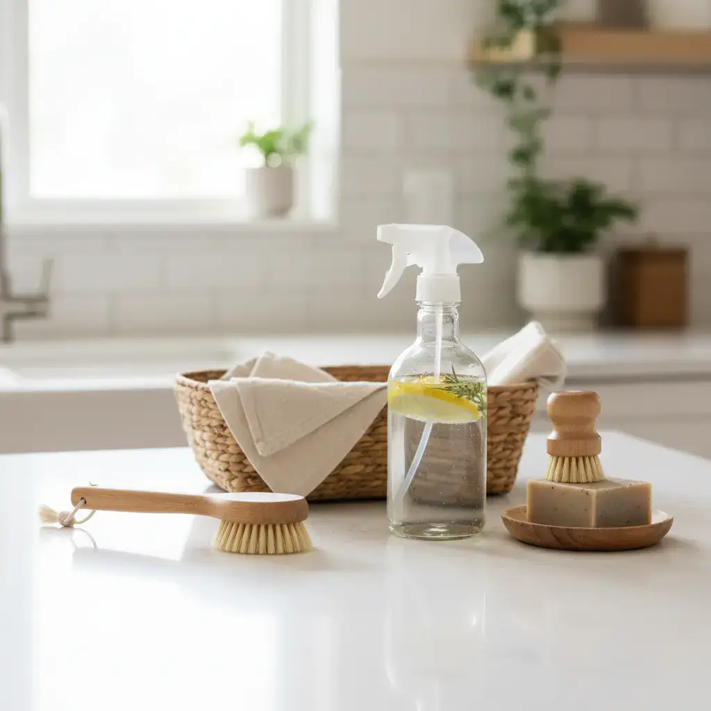 Natural cleaning tools arranged on a counter