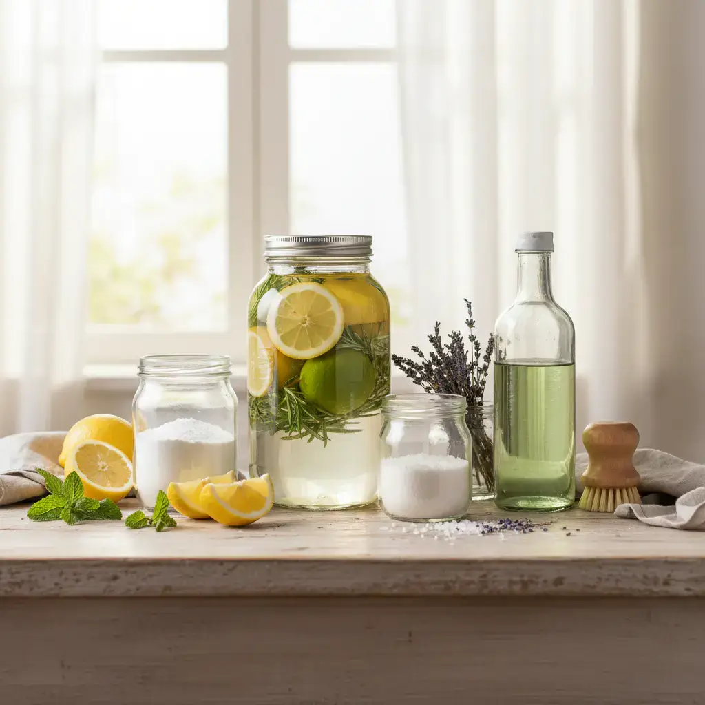 Glass jars and fresh ingredients for safe cleaning